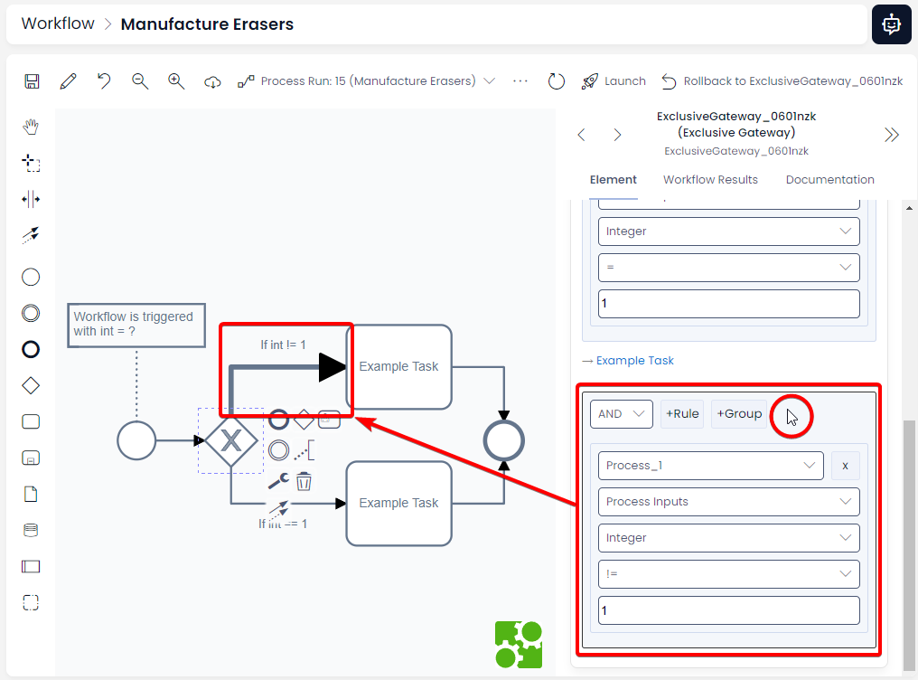A screenshot demonstrating how Rapid assists users with determining which output or input is being configured in the properties panel. On the Canvas of the Workflow experience is a simple diagram: a start event flows into a  gate, which then splits into two outputs. Each output flows into one of two tasks, both tasks are labelled &quot;Example Task&quot;. These two tasks then flow into an end event. Purpose of the diagram: make a choice and then move down one of two pathways pathways and then end. The screenshot is annotated in red to highlight the following: the mouse cursor is hovering over one of the output configuration sections (surrounded by a red circle). The output configuration section is annotated with a red box to indicate the area that can be hovered over. A red arrow points to an enlarged sequence flow element on the canvas, indicating that this is how the UI demonstrates which output is being configured.